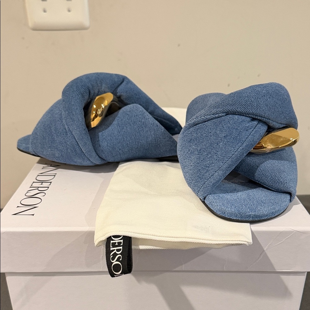 JW Anderson Denim Blue Slides with Gold Detail - Picture 3 of 4